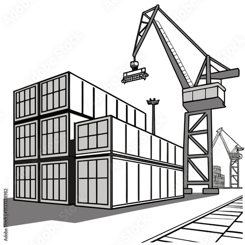 Industrial shipping containers stacked high at a busy port with large cranes loading cargo