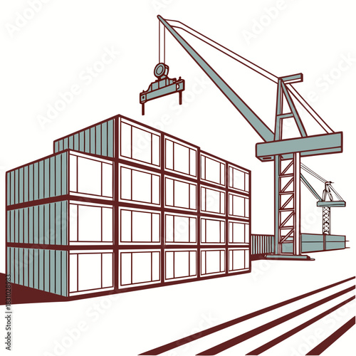 Industrial shipping containers stacked high with a large crane loading cargo at a busy port facility