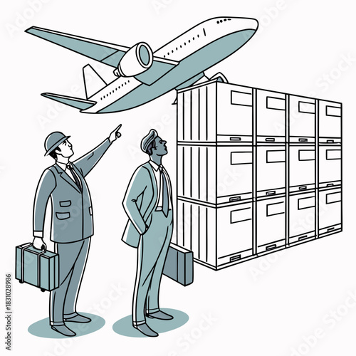 Two businessmen inspect cargo containers stacked high with an airplane overhead symbolizing air freight logistics