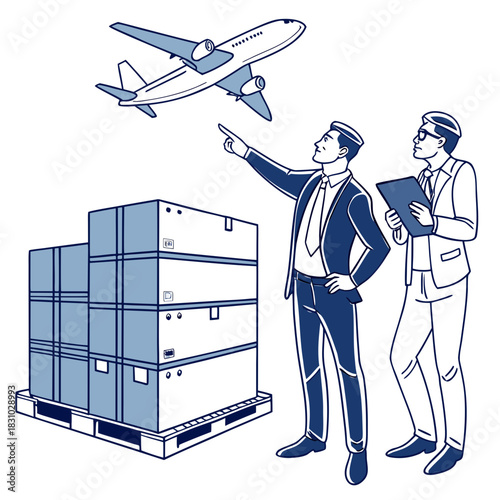Two businessmen in suits discuss cargo and an airplane in a logistics or shipping context