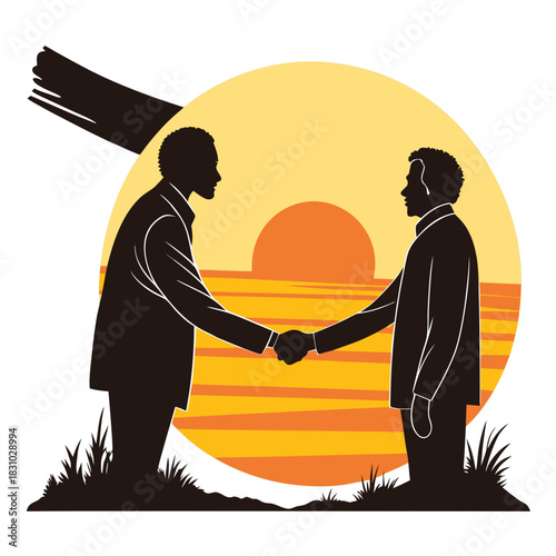 Two businessmen shaking hands against a vibrant sunset symbolizing agreement and partnership