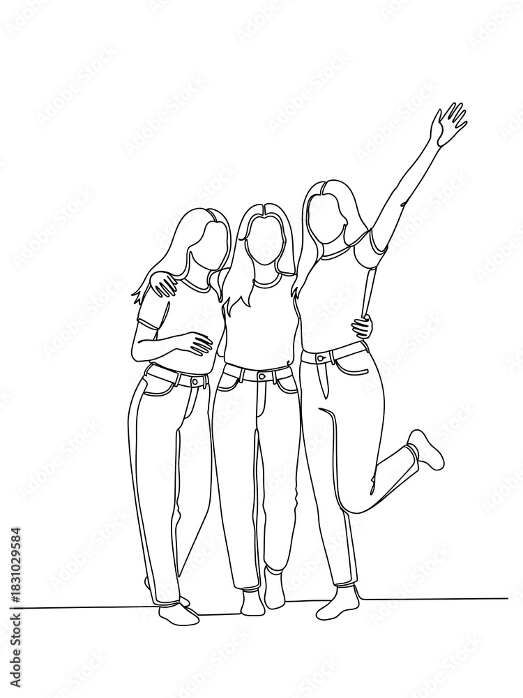 Fototapeta premium Three joyful friends standing together with one raising their arm in excitement