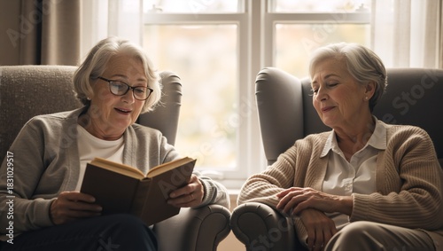 An elderly woman reads a book aloud to her smiling friend at home. Two senior women sharing a moment of companionship. Retirement and leisure lifestyle concept