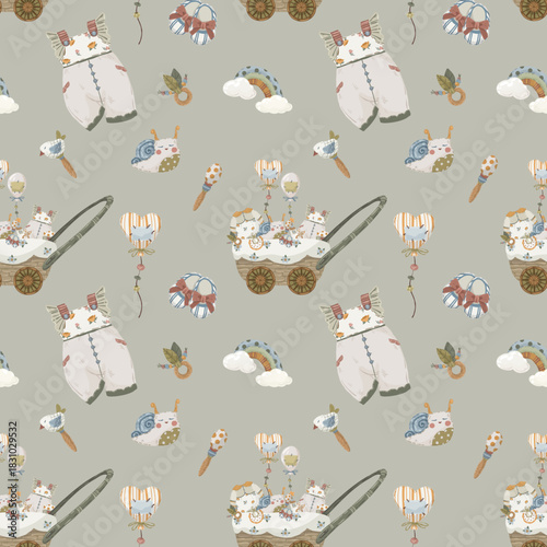 Newborn baby clothes seamless pattern, hand-drawn vector background with cute vintage rompers, bibs, and rattles in delicate pastel colors for textile and fabric design.