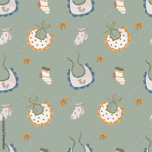 Baby toys and carriage seamless pattern, hand-drawn vector background with cute cat toy, stroller, rattles, and rainbow for nursery decor, greeting cards, and kids design.