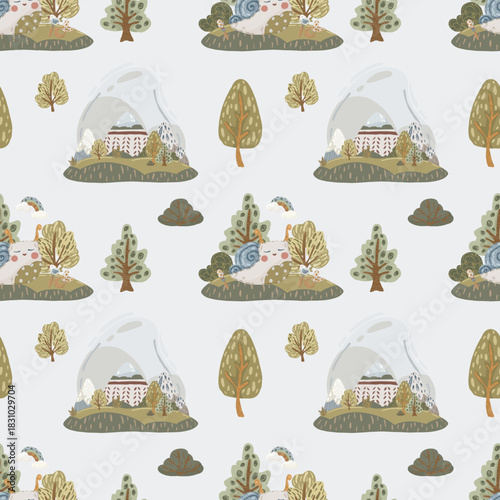 Forest landscape seamless pattern, hand-drawn vector background with abstract mountains and trees in earth tones for home decor, packaging, and children’s clothing.