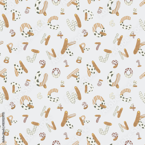Playful letters and numbers seamless pattern, hand-drawn vector background with cute stylized alphabet and digits for kids’ school supplies, paper, and nursery decor.