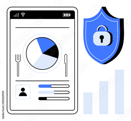 Data security concept. Data protection with shield lock and analytics on a mobile interface. Data security safeguards user information and ensures safe access. Ideal for cyber protection, app