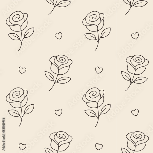Minimal Rose Hearts Seamless Pattern – Valentine Floral Line Art