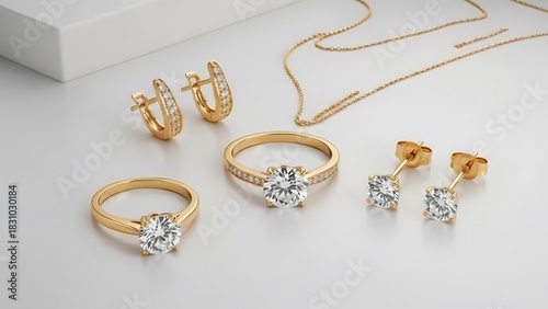 Elegant Gold Diamond Jewelry Set: Rings, Earrings, and Necklace
