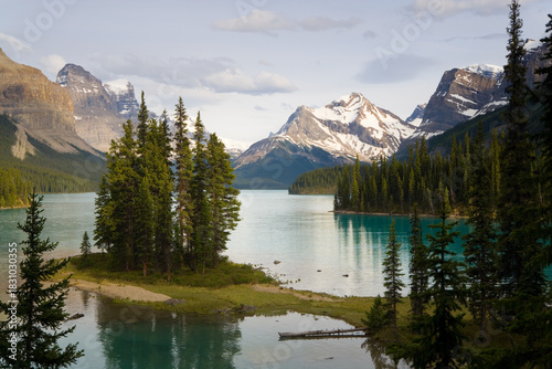 View from Spirit Island of Maligne Lake and surrounding mountains, Jasper National Park, Rocky Mountains, Alberta, Canada