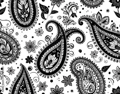 Black and white paisley repeat pattern. Floral accents and dot details fill the design on white background