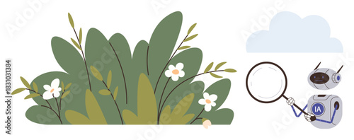 Robot examining flowering green bushes with a magnifying glass under a blue sky. Ideal for themes thumbs up technology, exploration, environment, innovation, AI, research, simple flat metaphor