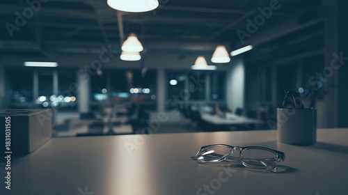 afterhours. Eyeglasses on desk in modern office space with after hours atmosphere. lifestyle magazines, social media lookbooks, designed for influencer and brand collaborations, drives engagement.