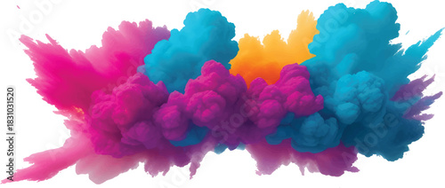 Bright Colorful Powder Burst Splash Featuring Energetic Yellow Pink Blue Paint Explosion Abstract Art on White