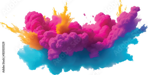 Bright Colorful Powder Burst Splash Featuring Energetic Yellow Pink Blue Paint Explosion Abstract Art on White