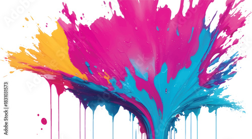 Vibrant Multicolor Paint Splash Explosion with Dynamic Yellow Pink Blue Powder Burst Abstract Artistic Energy
