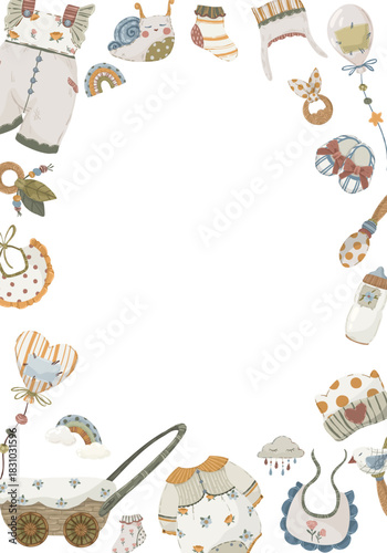 Newborn baby accessories frame, hand-drawn vector illustration border with cute clothes, toys, and stroller for baby shower invitations and cards.