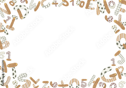 Alphabet and numbers frame, hand-drawn vector illustration border with playful letters and digits for kids’ announcements, posters, and nursery decor.