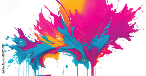 Creative Color Burst Explosion with Vibrant Yellow Pink Blue Powder Splash Forming Artistic Abstract Design
