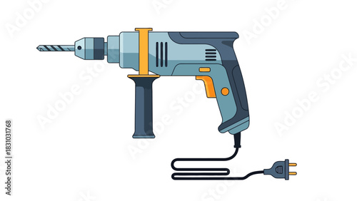A blue and gray corded drill with a yellow accent and a dark gray handle