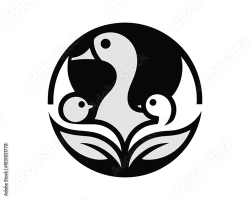 A minimalist, graphic logo featuring a mother duck with two ducklings nestled amongst stylized leaves within an oval frame