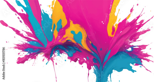 Dynamic Multicolor Paint Powder Splash with Yellow Pink Blue Burst Creating Energetic Abstract Motion on White
