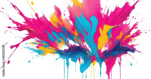 Dynamic Multicolor Paint Powder Splash with Yellow Pink Blue Burst Creating Energetic Abstract Motion on White
