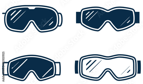 Snowboard and ski goggles icon set in line style, featuring skiing and snowboarding face protection glasses, outline vector illustrations, perfect for logos, labels, winter sports branding, outdoor ad