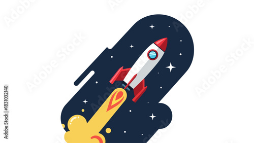 A cartoon rocket blasting off into space with a dark blue background
