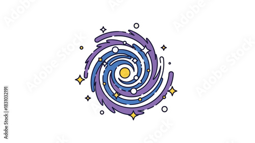 A cartoon spiral galaxy with stars and planets