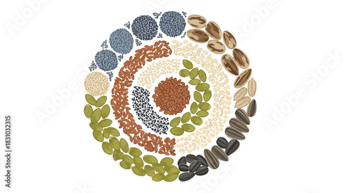 A circular arrangement of various seeds on a white background
