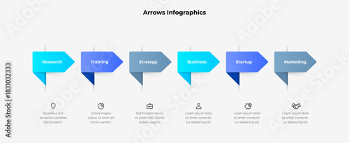 Arrow Labels Infographic. Vector Timeline Diagram for Business Roadmap, Planning, Strategy and Corporate Workflow Presentation with 6 Steps, Options or Processes