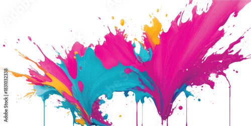 Abstract colorful watercolor ink splatter design with texture and artistic paint splashes on white background