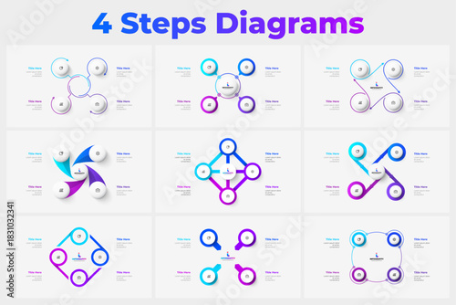 Four Steps Cycle Infographic Set. Modern Vector Circular Diagram Templates for Business Process Workflow and Corporate Planning