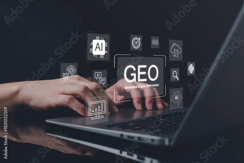 Close up of hands typing on laptop with floating GEO generative engine optimization graphics and AI technology icons, symbolizing digital strategy, innovation, and advanced data driven optimization.