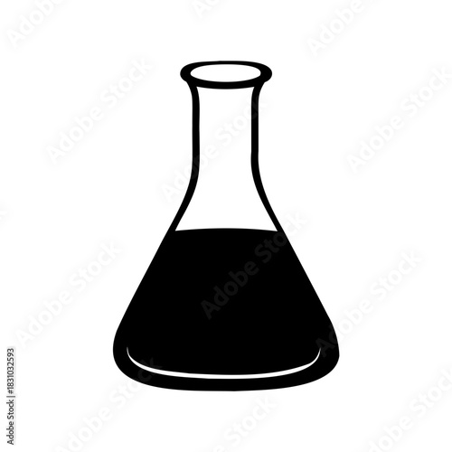 Silhouette of a Laboratory Flask with Dark Liquid on a White Background