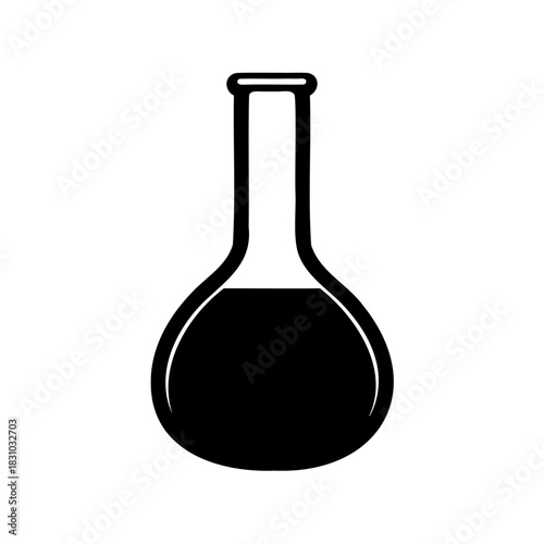 Black round bottom flask containing a black liquid on a white background