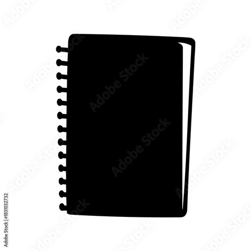 Black silhouette of a spiral notebook with blank pages on white background