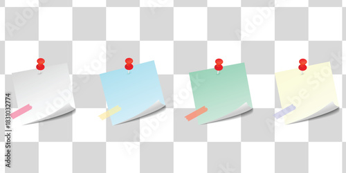Realistic Sticky Notes Pinned and Taped, Colorful Blank Memo Paper Set Vector