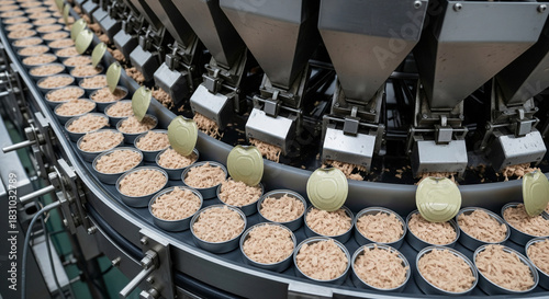 Efficient process of shredding fish into adjacent cans on a busy production line