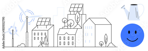 Renewable energy concept. Renewable energy illustrated through solar panels, wind turbines, and eco-friendly living. Renewable solutions for sustainability, green cities, and clean environments