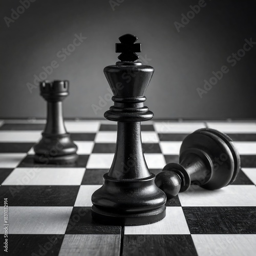 Black and white photo of chess pieces, the King is standing upright next to fallen pawn on chessboard