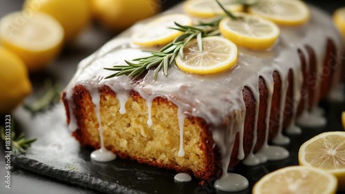 Video Freshly baked lemon cake with rosemary sprigs on top, perfect for a springtime dessert or as a centerpiece
