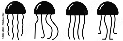Jellyfish Silhouette Vector Set – Marine Creatures, Ocean Wildlife Icons & Diverse Tentacle
 Shapes