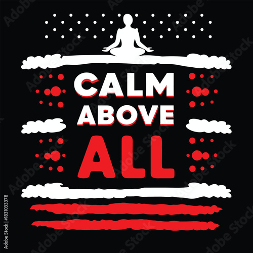 White figure meditating calmly above all text with red accents on a black field