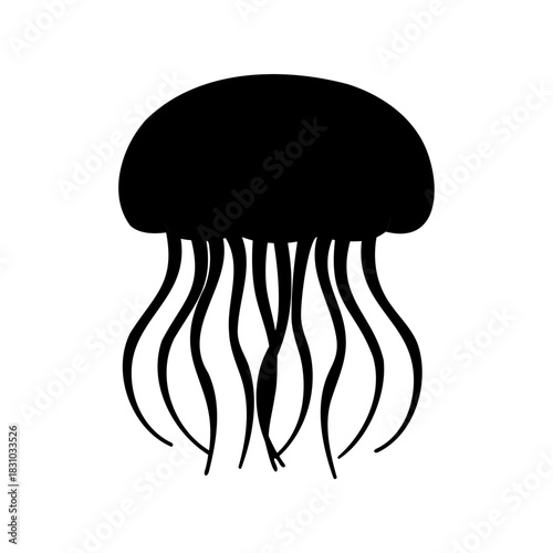 Black silhouette of a jellyfish swimming underwater in the deep ocean
