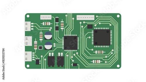 A green circuit board with various electronic components and traces