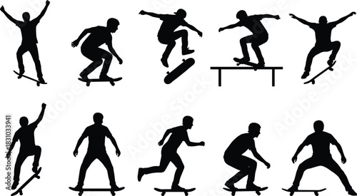 Dynamic Skateboarder Silhouette Collection Various Skateboarding Tricks, Jumps, and Poses, Extreme Sports Vector Illustration, Isolated White Background.
