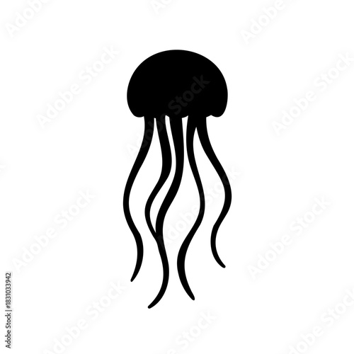 Single stylized black silhouette illustration of a jellyfish on white background